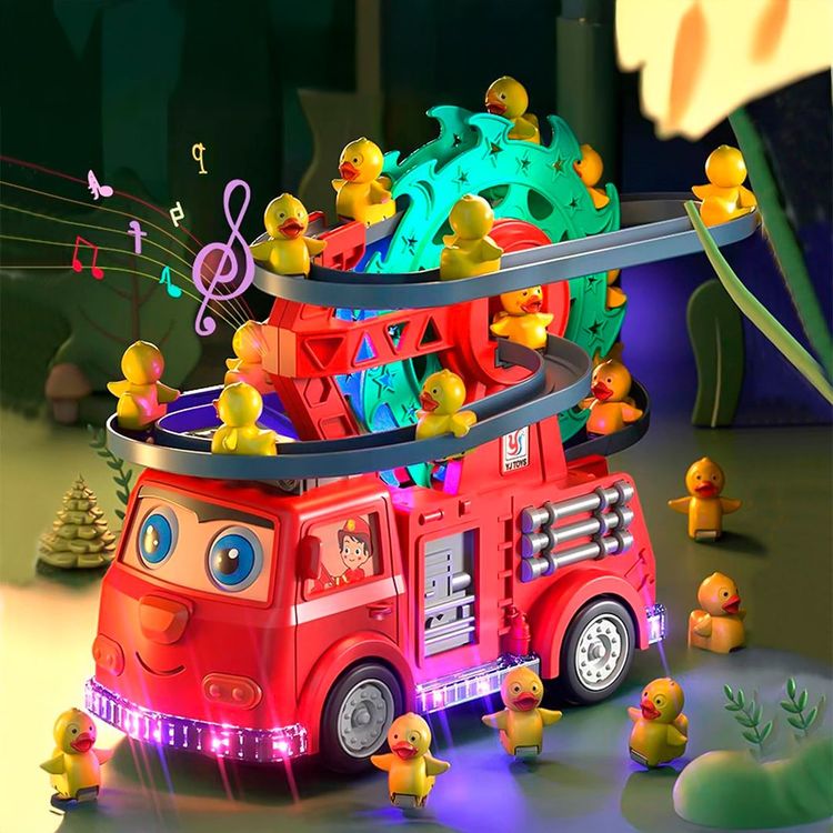 Voiture jouet toboggan canard des pompiers